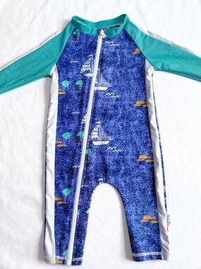 SwimZip Sunsuit Long Sleeve Romper Swimsuit blue green 6-12 month UPF 50+ zipper